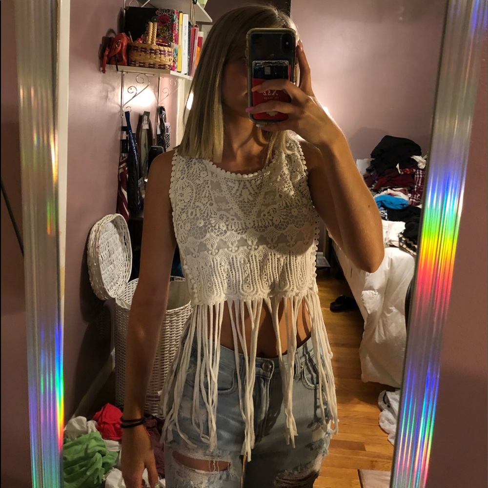 Lace crop top with fringe around bottom